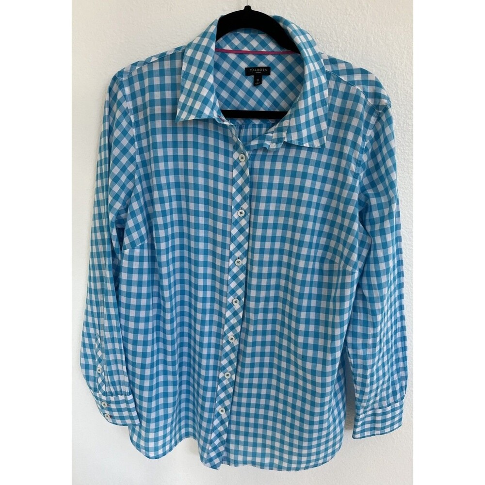 Talbots Gingham Long Sleeve Womens Plaid Blouse 1X Blue White Office Casual
